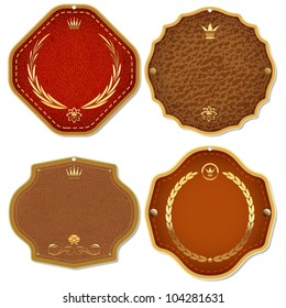 Set of vector leather & gold premium quality labels and emblems.