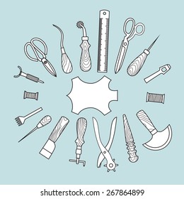 Set of vector leather working tools background