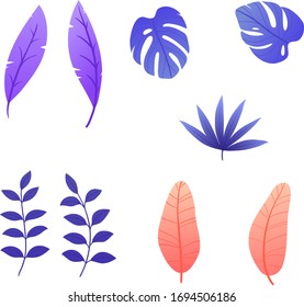 Set of vector leaves in tropical style. Set of exotic trendy leaves and branches colored by a gradient. Decoration Elements