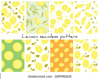 Set of vector lemon seamless patterns; fruity backgrounds for wrapping paper, packaging, fabric, textile.