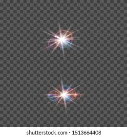 Set of vector lens flare effect. Round isolated transparent optical elements with rays. Space star explosion.