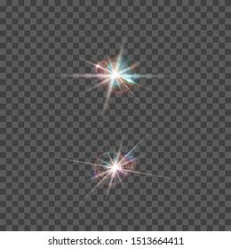 Set of vector lens flare effect. Round isolated transparent optical elements with rays. Space star explosion.