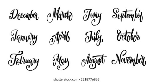 Set Vector Lettering 12 Months. Collection Handwritten Modern Black Outline. English Name Of The Month Year. Graphic Design, Calendar Template, Planner, Visual Content. Isolated On White Background.