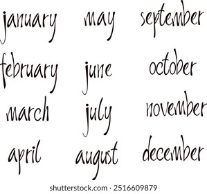 Vektorschreiben auf 12 Monate festlegen. Sammlung handgeschriebene moderne schwarze Umrisse. Englisch name of the month year.