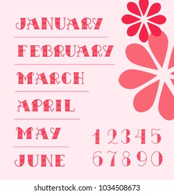Set of vector lettering for baby shower, birthday, save the date invitation, card, poster, banner. Cute written months and numbers isolated on color background.