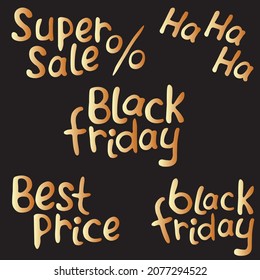 Juego de letras vectoriales Mejor precio, súper venta, viernes negro. Cartel, título o elemento de diseño en doodle de estilo plano sobre el tema de compras, descuentos, ofertas especiales, promociones