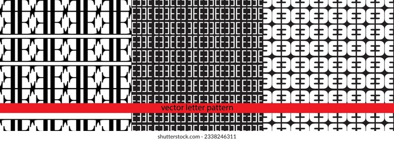 Un conjunto de patrones geométricos en blanco y negro con letras vectoriales. Patrones de tipos de letra en blanco y negro. Patrón geométrico. Patrón de letras. Patrón geométrico vectorial básico.
