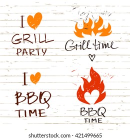 Set of vector lettering hand drawn logo with wood background for barbecue party. Illustration i love  grill time and meat.  Print restaurant menu, posters, banner.