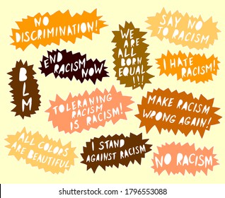 Set of vector lettering handwritten on theme of antiracism, protesting against racial inequality and revolutionary design. For flyers, stickers, posters, action, slogan