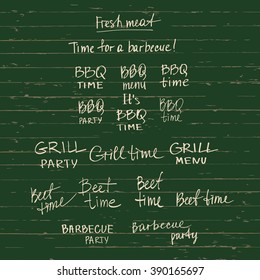 Set of vector lettering logo for barbecue. Title on green wood vintage background for BBQ time.  Print restaurant menu, posters, banner.