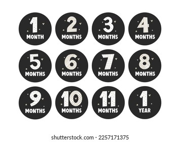 Set of vector lettering stickers today I'm 1, 2, 3, 4, 5, 6, 7, 8, 9, 10, 11, 12 months old. Happy birthday greeting card for baby under one year old. Colored handwritten illustrations.