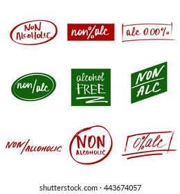 Set of vector lettering text alcohol free for 0% beer. Illustration for bottle, for menu cafe, restaurant with non-alcoholic cocktail.