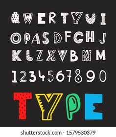 Conjunto de letras vectoriales y estilo de dibujos animados de dígitos. Plantilla de alfabeto cómico para mensajes
