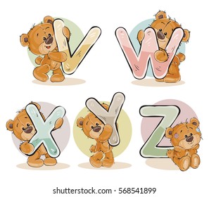 Set vector letters of the English alphabet with funny teddy bear