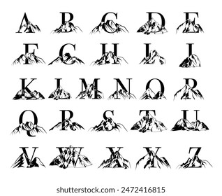 Set of vector letters with line drawing mountains, nature alphabet for wedding, brand cards, posters and logo
