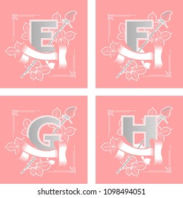 set of vector letters in rectangles decorated with ribbons and roses with leaves e, f, g, h