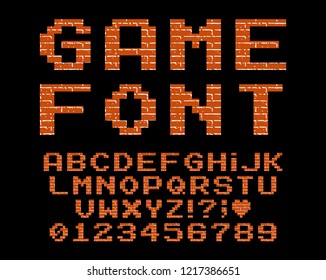 Set of vector letters in retro style. Game design. Font of old games. 8 bit letters and numbers vector alphabet.