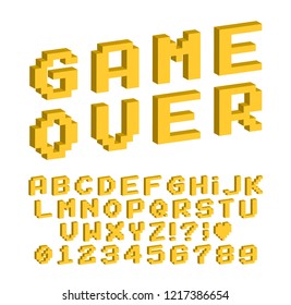 Set of vector letters in retro style. Game design. Font of old games. 8 bit letters and numbers vector alphabet.