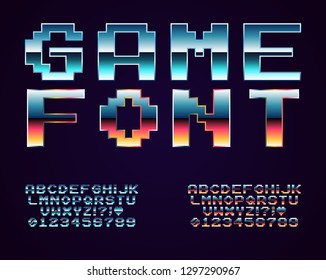 Set of vector letters in retro style. Game design. Font of old games. 8 bit letters and numbers vector alphabet.