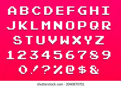 Set of vector letters in retro style. Game design. Font of old games. 8 bit letters and numbers vector alphabet. Pixel video game font. 8-bit symbols. letters and numbers. Old-school retro typeface.