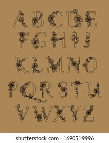 Set of vector letters from A to Z. Decorative font with floral ornaments from maple lionfish. Ecological typography
