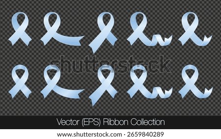 Set of vector light blue awareness ribbons isolated on transparent background for prostate cancer and men's health campaigns. Ribbon designs for healthcare, awareness posters and web illustrations