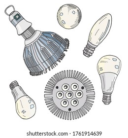 Set of vector light bulbs. Hand drawn LED lamps and phyto lamp isolated on white background. Cartoon colored illustration