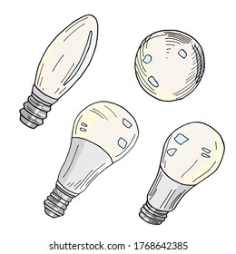 Set of vector light bulbs. Hand drawn LED lamps isolated on white background. Cartoon colored stock illustration. Top view of light bulb, lamp cap
