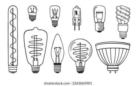 
Set of vector light bulbs. Hand drawn illustration. A simple minimalist sketch of a lamp.