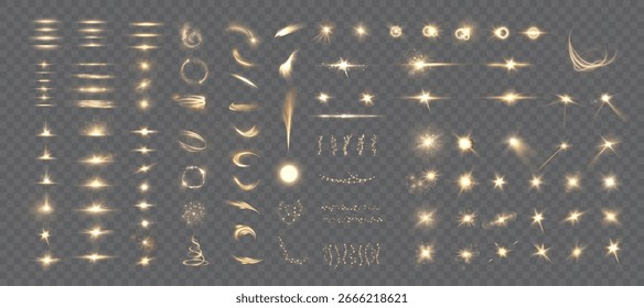 Set of vector light effects: golden light isolated on transparent background. Sun flares, garlands, lens reflections, horizontal flares.