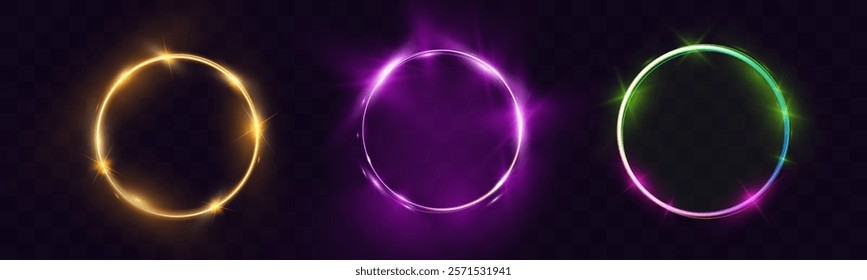 Set of vector light line effects in golden, purple, and green colors. Luminous circular trails with sparkling dust and glowing fire-like effects on a transparent background. Suitable for modern, festi