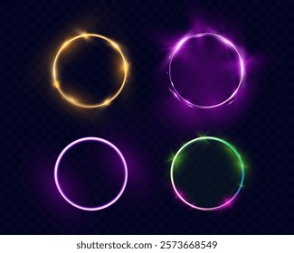 Set of vector light line effects in golden, purple, and green colors. Luminous circular trails with sparkling dust and glowing fire-like effects on a transparent background.