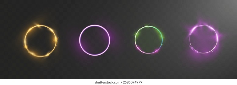 Set of vector light line effects in golden, purple, and green colors. Luminous circular trails with sparkling dust and glowing fire-like effects on a transparent background.