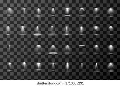 Set of vector light sources isolated on transparent background. Spotlights collection. Design of light effects for your project.