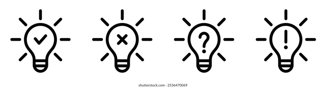 Conjunto de iconos de bombilla de Vector con símbolos como marca, cruz, pregunta y signos de exclamación, ideal para conceptos de decisión e idea. Trazo editable.