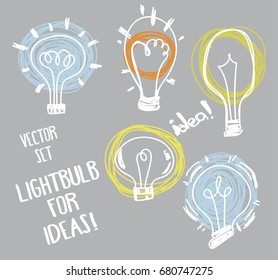 Set of vector lightbulbs on gray background, can be used for good ideas or for energy concept, vector illustration in sketch style 