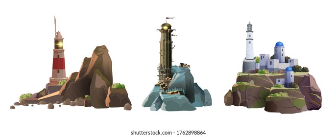 Set of vector lighthouse towers on the different islands. Simple, greek and epic stylish lighthouses. Rocky islands with a lighthouse on a white background