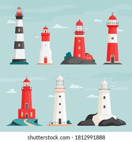 Set of vector lighthouses on islands in flat style. Coastline landscape with beacon. Faros on seashore, lighthouse on the rock in stormy landscape. Hope symbol, expectation, solitude concept