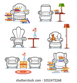 Set of vector line armchairs with piles of books, tables, vases with flowers, a lamp, a rug and a teddy-bear. Cute interior. Cosy cartoon contour furniture. Love reading. Bright seats for having rest