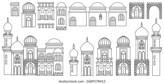 Conjunto de Elementos arquitectónicos árabes de arte de línea de Vector como cúpulas, torres, arcos, paredes para el diseño de edificios de la ciudad oriental. Dibujado a mano, no AI