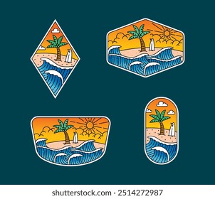 Set of vector line art beach designs