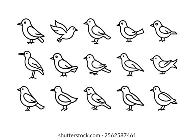 set of vector line art bird icons 
