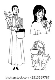 Conjunto de ilustraciones en blanco y negro de arte de línea de Vector con chicas bonitas. El fondo blanco. Chicas con té de burbuja, café y pan. 
