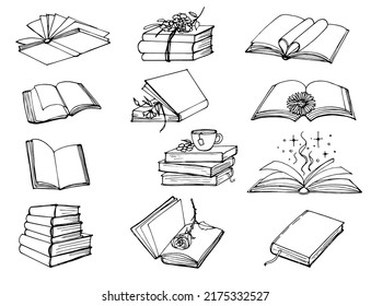  set of vector line art cute book. doodle coloring page