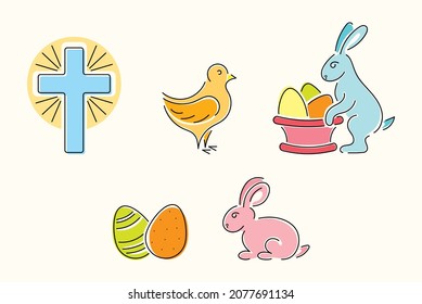 Set of vector line art Easter icons: rabbit, cross, eggs, chicken, busket