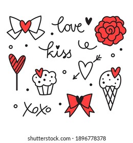 Set of vector line art elements for romantic concept. Hand-drawn hearts, ribbons, cake, rose, love words isolated on white background. Doodle objects for card template, web banner, poster or print.