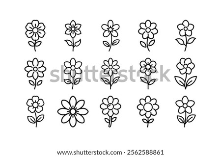 set of vector line art flowers icons 