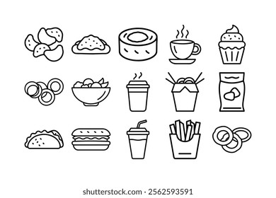 set of vector line art food icons 