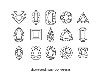 Satz von Vektorgrafik-Edelsteinen und Juwelen einzeln auf weißem Hintergrund. Lineare Diamanten mit unterschiedlichen Schnitten. Design-Elemente und Icons für Feiertagsgeschenk- und Schmuckgeschäft.
