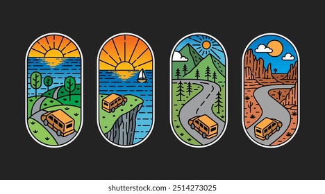 Set of vector line art holiday trip by car